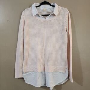 Faded Glory Womens Pullover Sweater Size L 12-14 Pink White Shirt Collar Tail